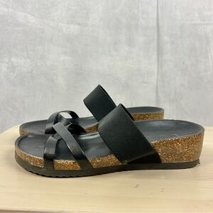 ITALIAN SHOEMAKERS Black Leather Side‎ Sandals Cork Sole Women's 8.5 Summer